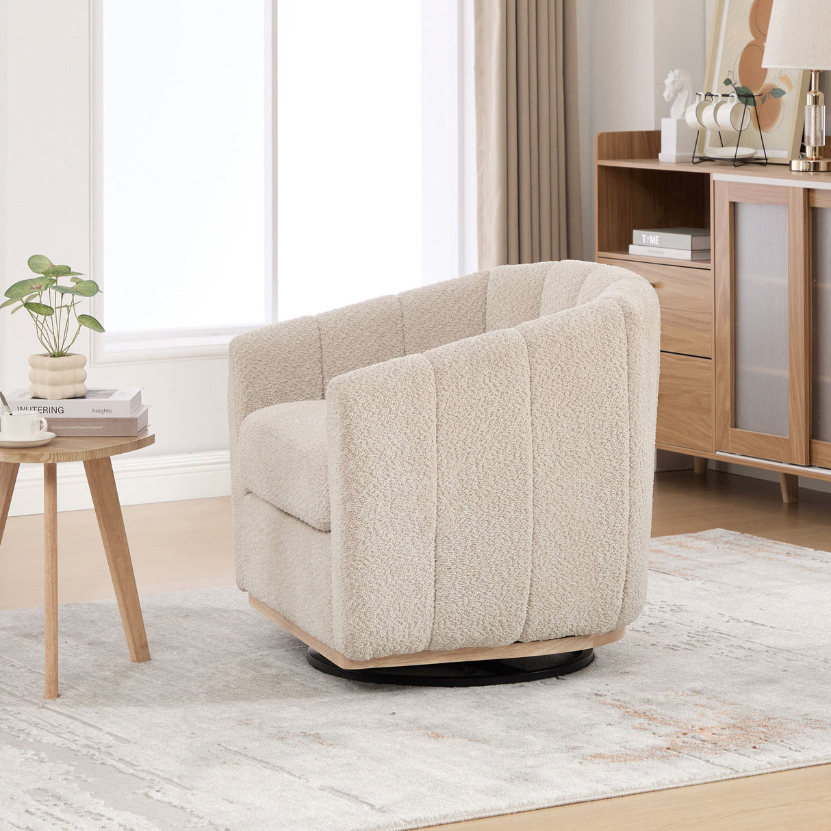 Swivel Upholstered Barrel Chair With Metal Base
