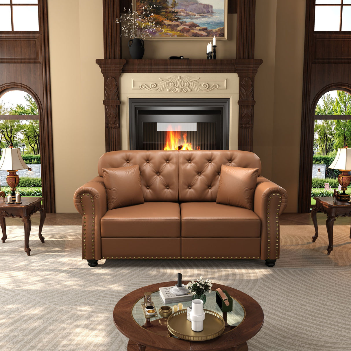 Upholstered Sofa With Nailhead Trim, Rolled Armrests With Ottoman