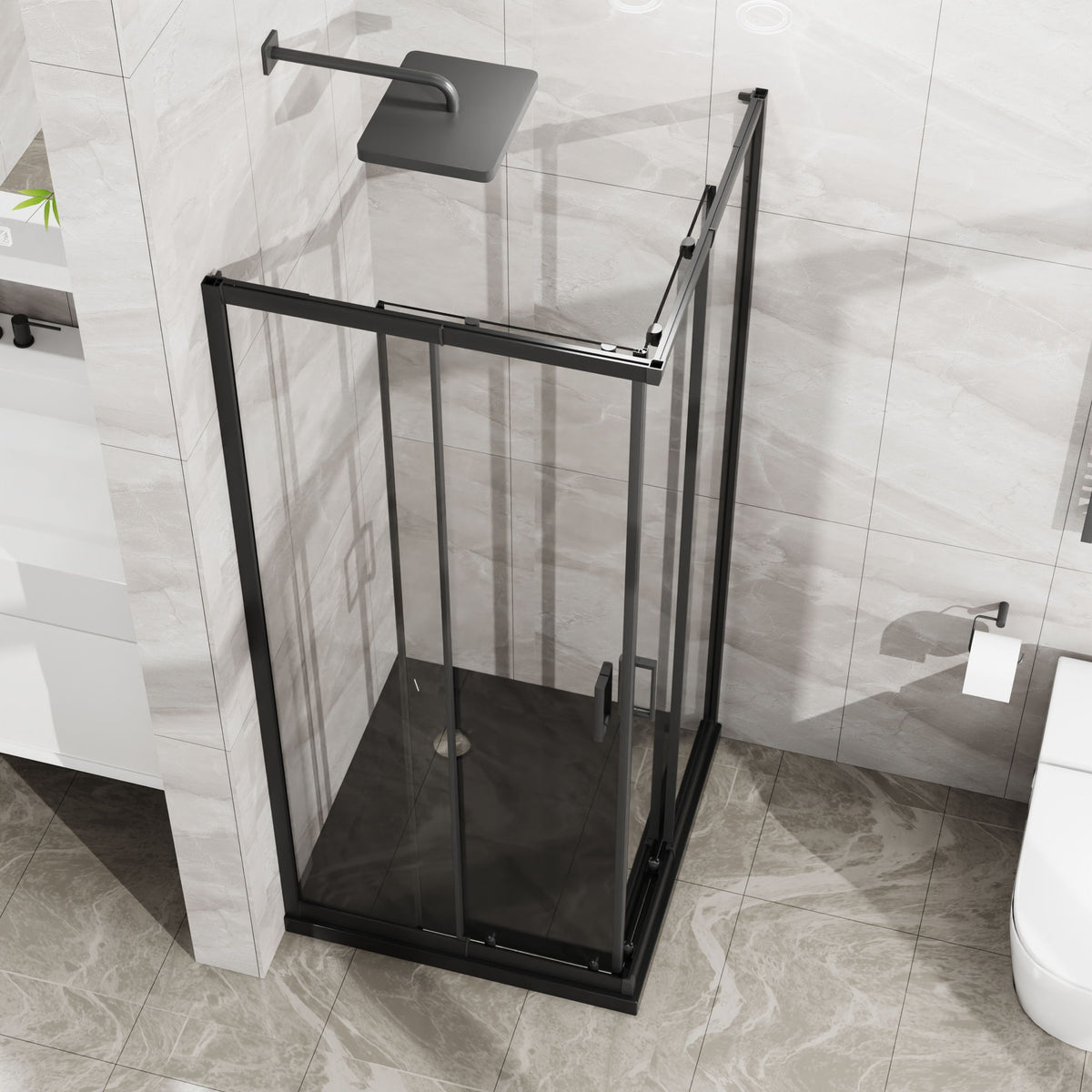 Corner Sliding Shower Door And Shower Base Combo Kit No Drain Kit - Matte Black