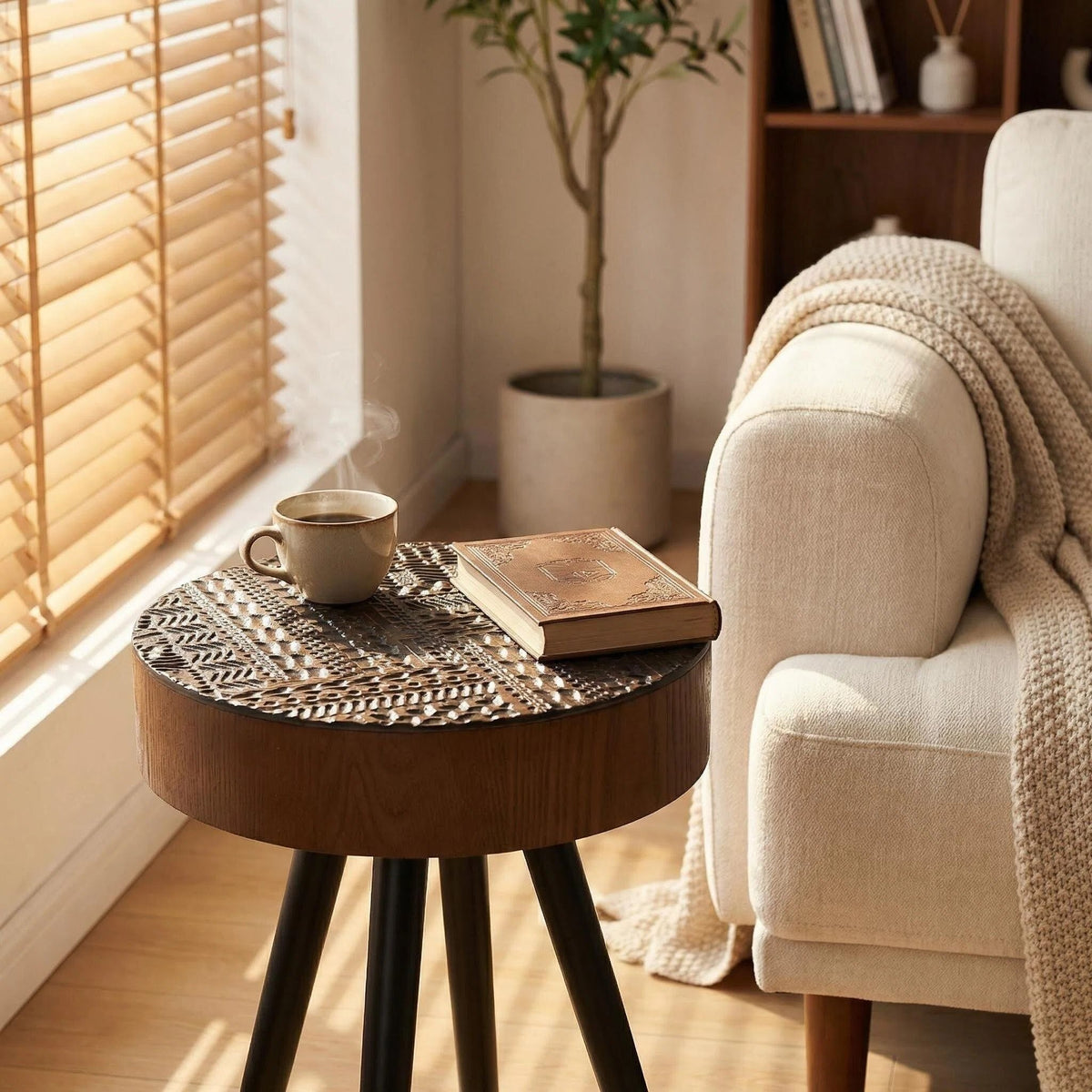 Round Coffee Table With Carved Top For Living Room