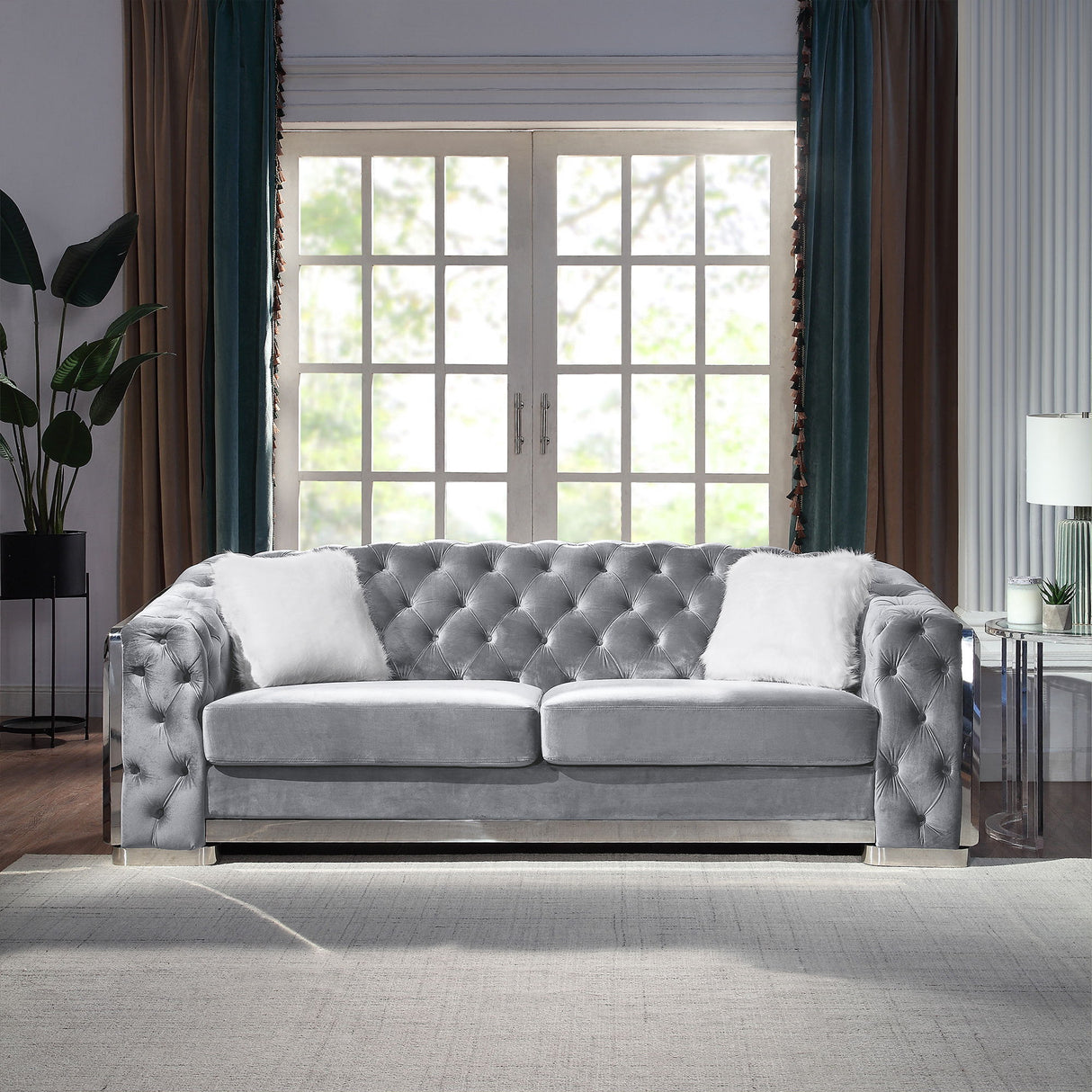 2 Seater Sofa With Button Tufted Diamond Grid & 2 Pillows For Living Room