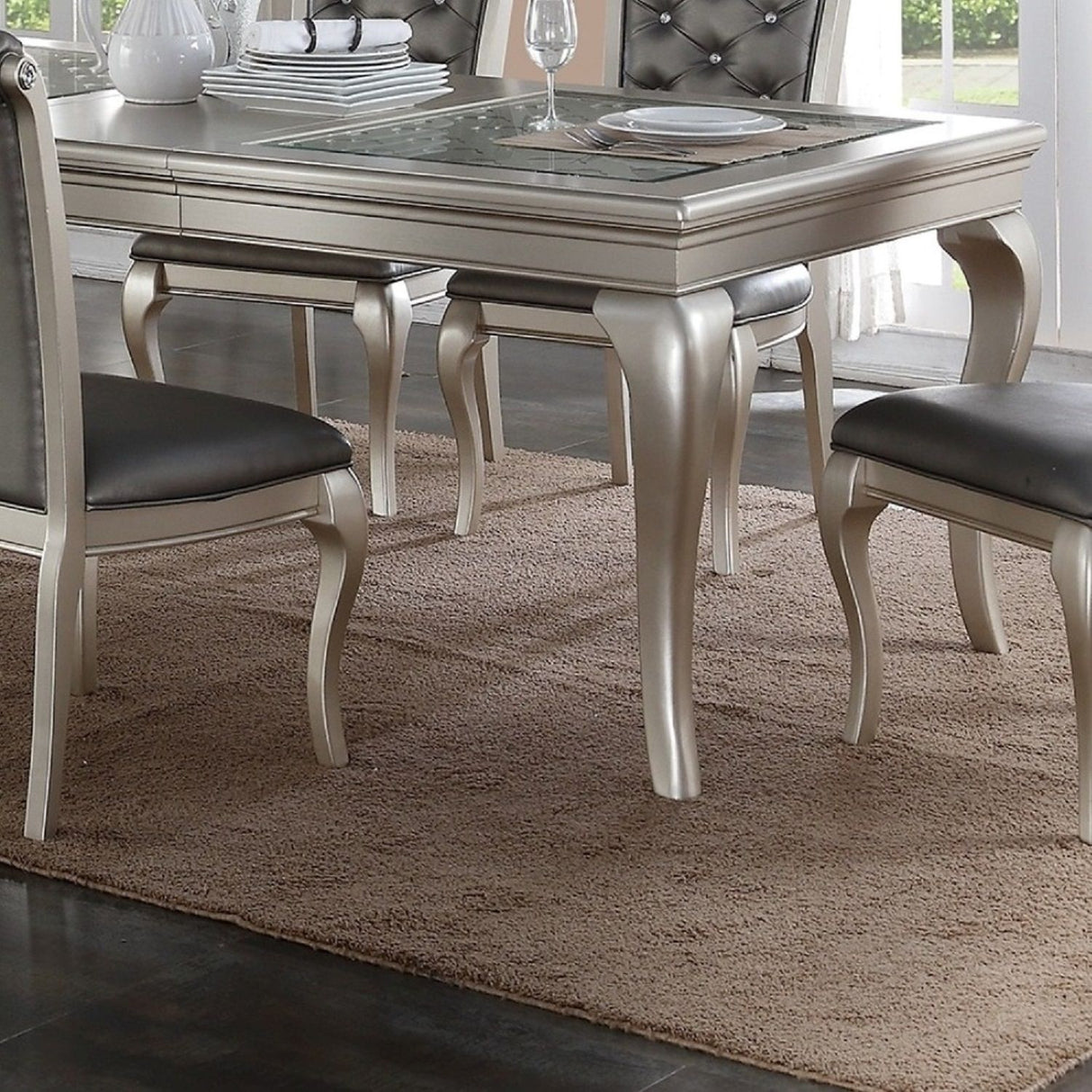 Rectangle Dining Table With Glass Top And 6 Tufted Back Chairs - Gray / Silver