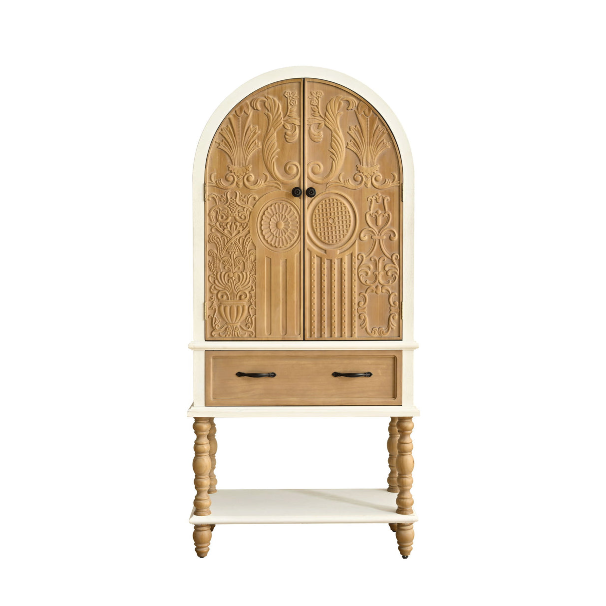Arched Flower Carved Door Accent Sideboard Cabinet With 1 Drawer And Shelf, Cabinet For Kitchen - Natural / White