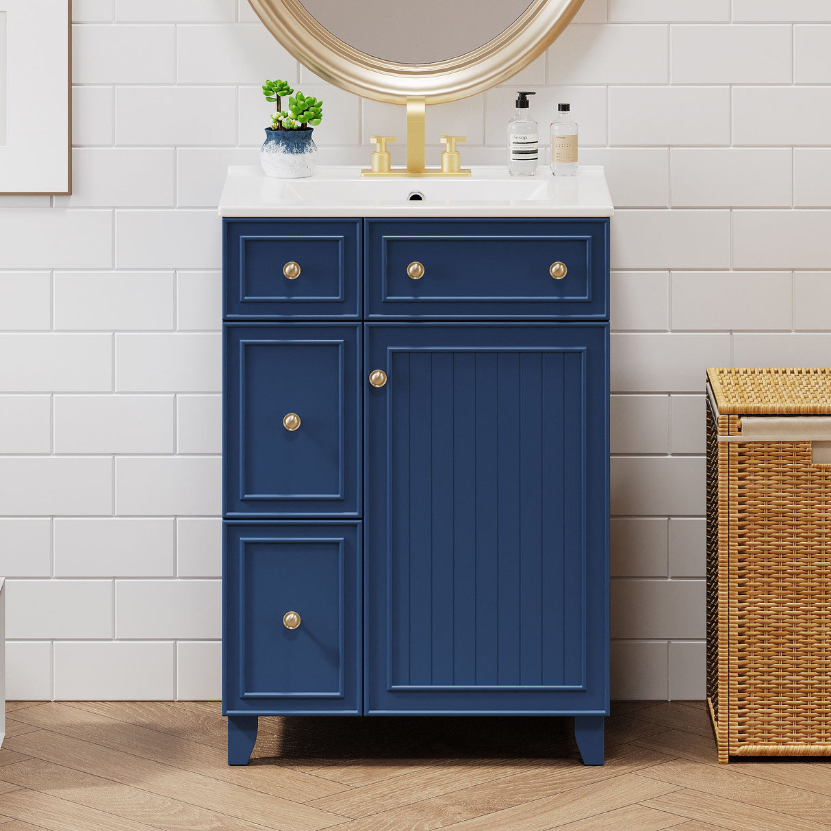 Transitional Style Bathroom Vanity Cabinet With Ceramic Sink