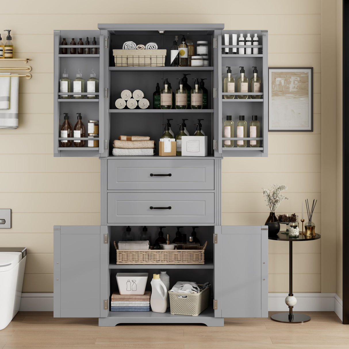 Multi Functional Storage Cabinet With Adjustable Shelves, 2 Drawers, Door Shelves