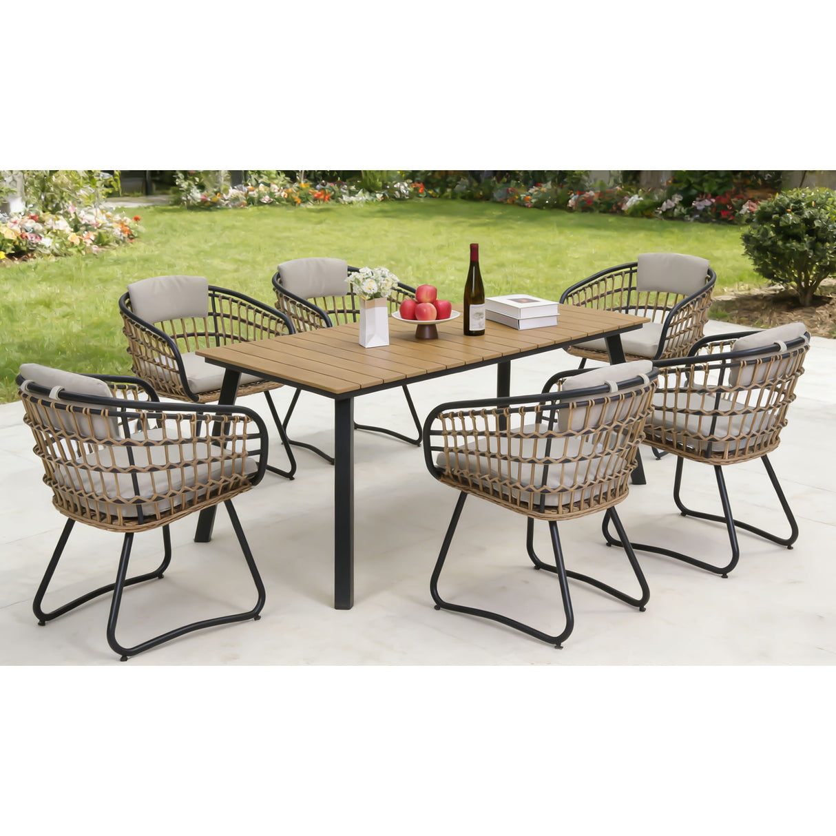 7 Piece Outdoor Patio Dining Set For 6, Chairs With Cushions And Table - Yellow