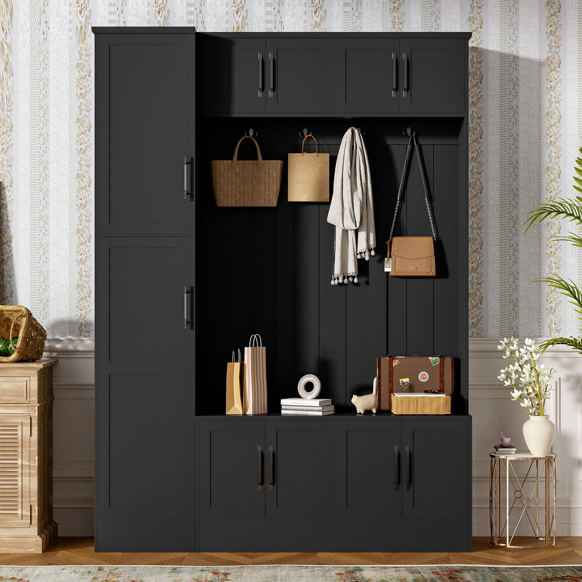 Tall Hall Tree With Shoe Storage, 4 In 1 Entryway Bench With 6 Cabinets, 4 Coat Hooks & Adjustable Shelf For Hallway - Black