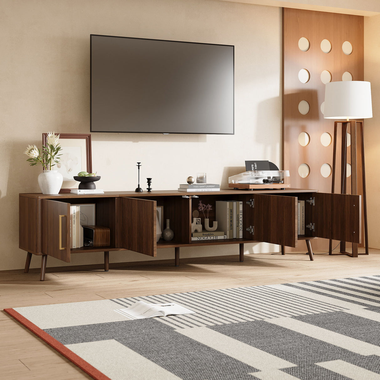 TV Stand For TVs Up To 85" With Fluted Door, Cable Management, Soft-Closing Hinges - Walnut