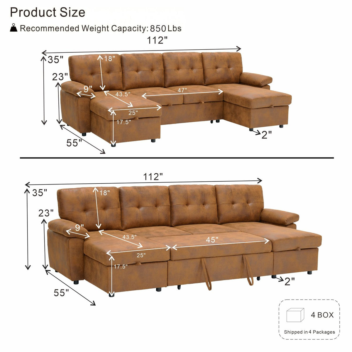 Convertible Sectional Sofa Bed With Pull Out Sleeper And Storage