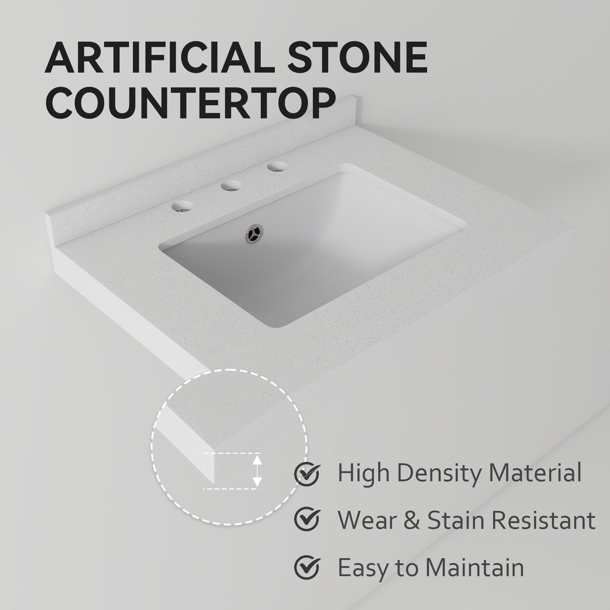 Basin Sink With 2" Thick Rim, Triple Faucet Holes, Sink Only