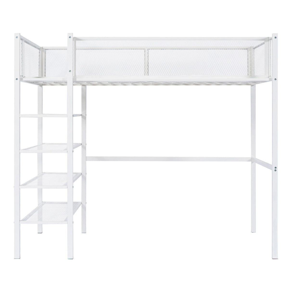 Twin Size Loft Bed With 4 Tier Shelves And Storage - White