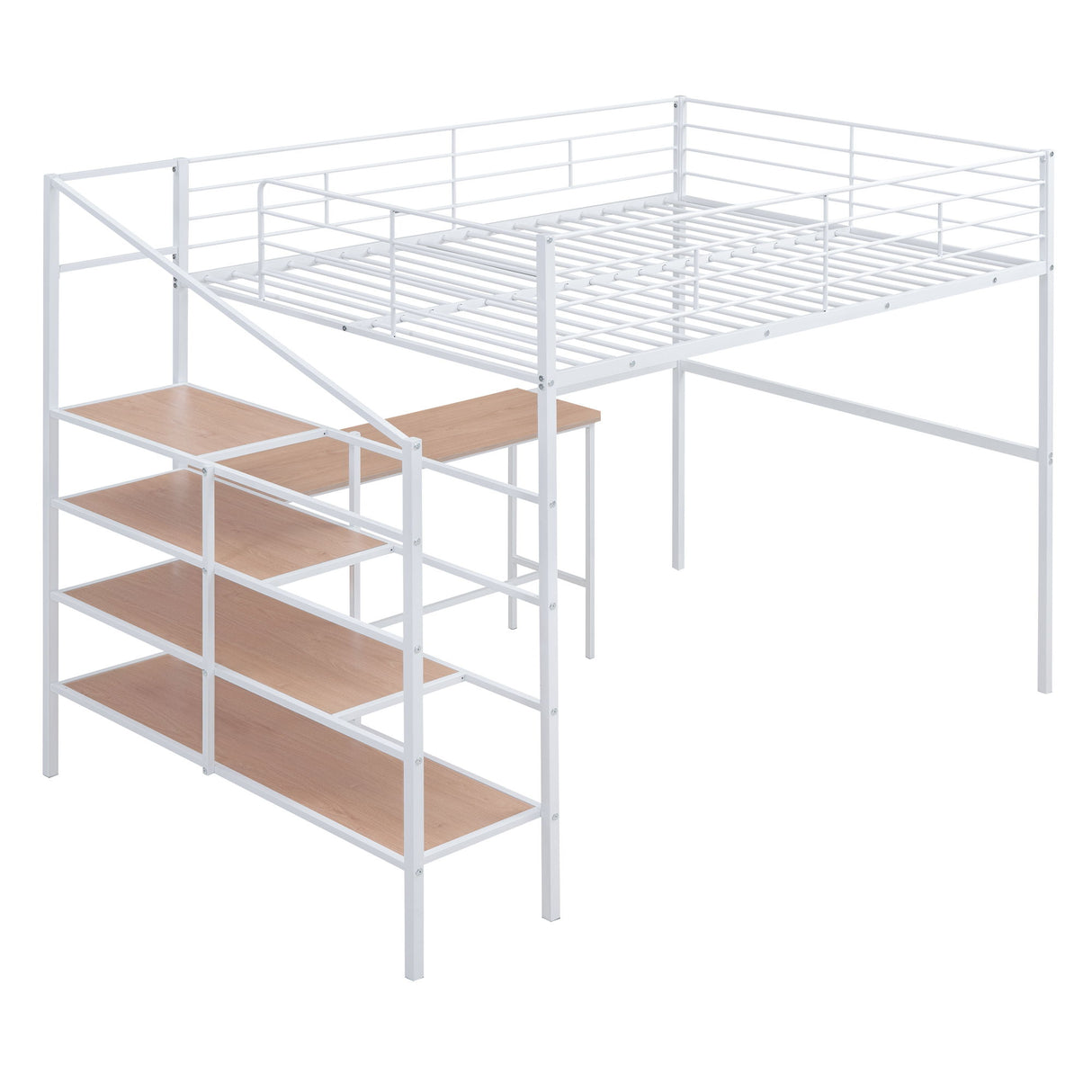 Full Size Loft Bed With Desk And Lateral Storage Ladder - White