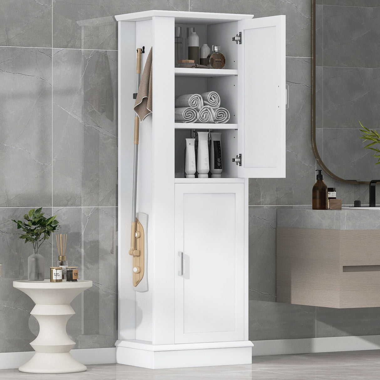 Tall Freestanding Bathroom Storage Cabinet With Adjustable Shelves And Side Hooks