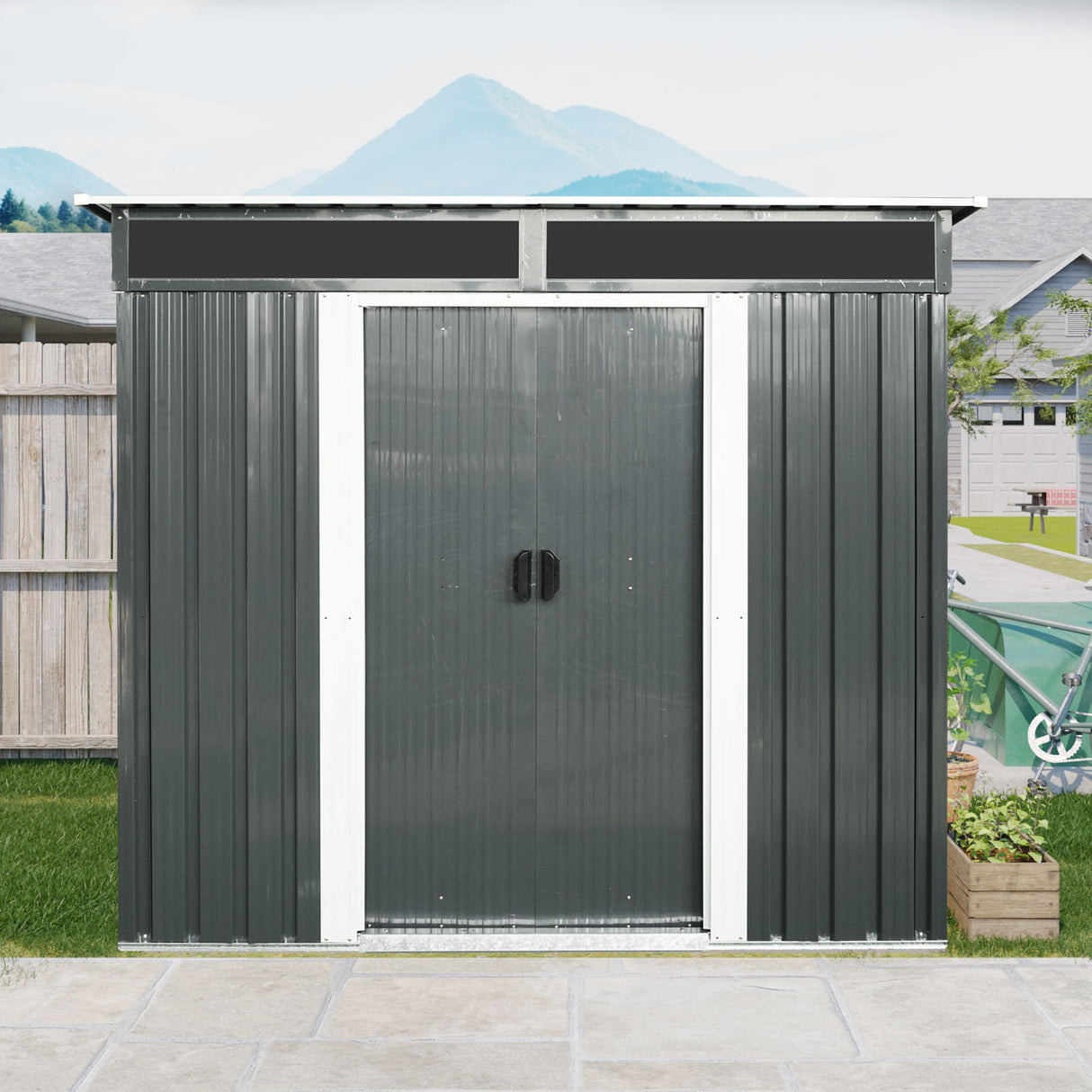Outdoor Metal Storage Shed Garden Building with Sliding Doors and Foundation