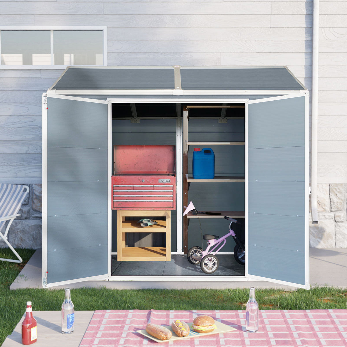 8 X 4Ft Resin Outdoor Storage Shed With Two - Window And Double - Door, Plastic Shed With Floor For Gargen, Patio, Yard, Lawn - Gray
