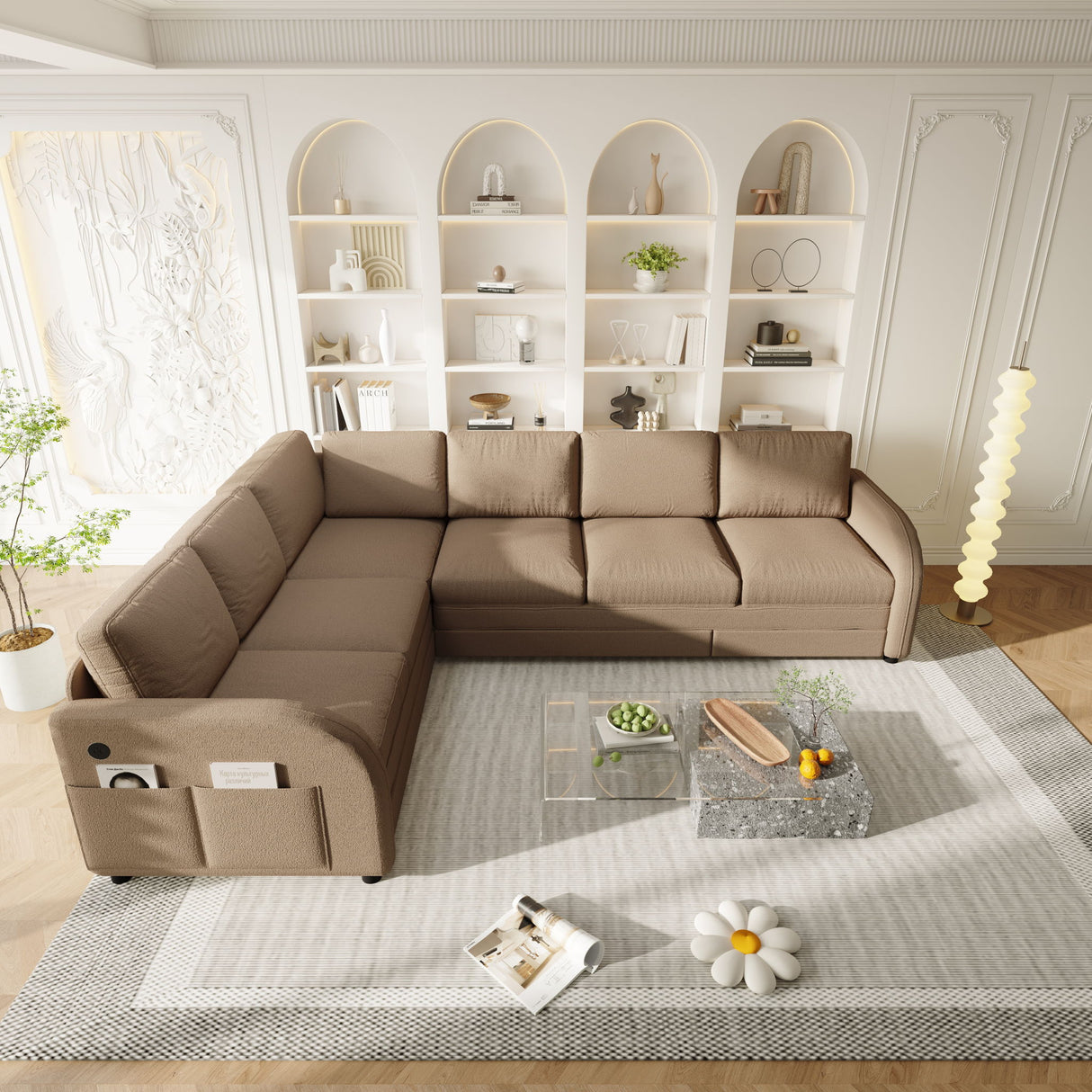 L-Shaped Couch With Pull-Out Bed, Convertible Sleeper Sofa With Side Pocket & USB Port