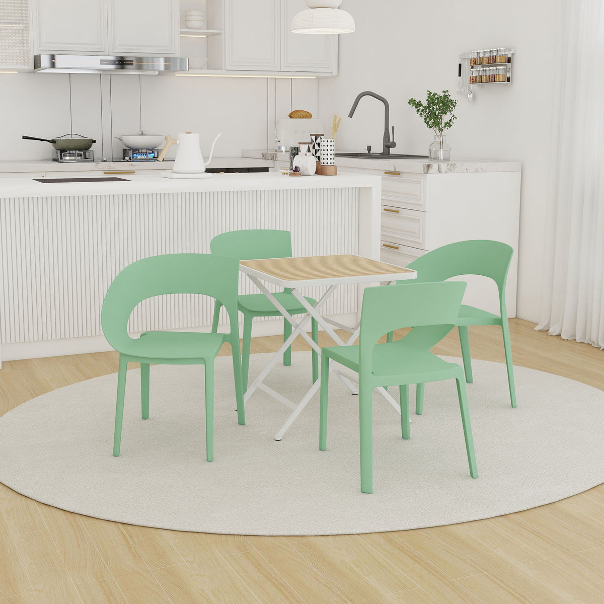 4 Piece Set Of Color Block Designed Single Chairs & Folding Square Table - Haze Green / Khaki / White