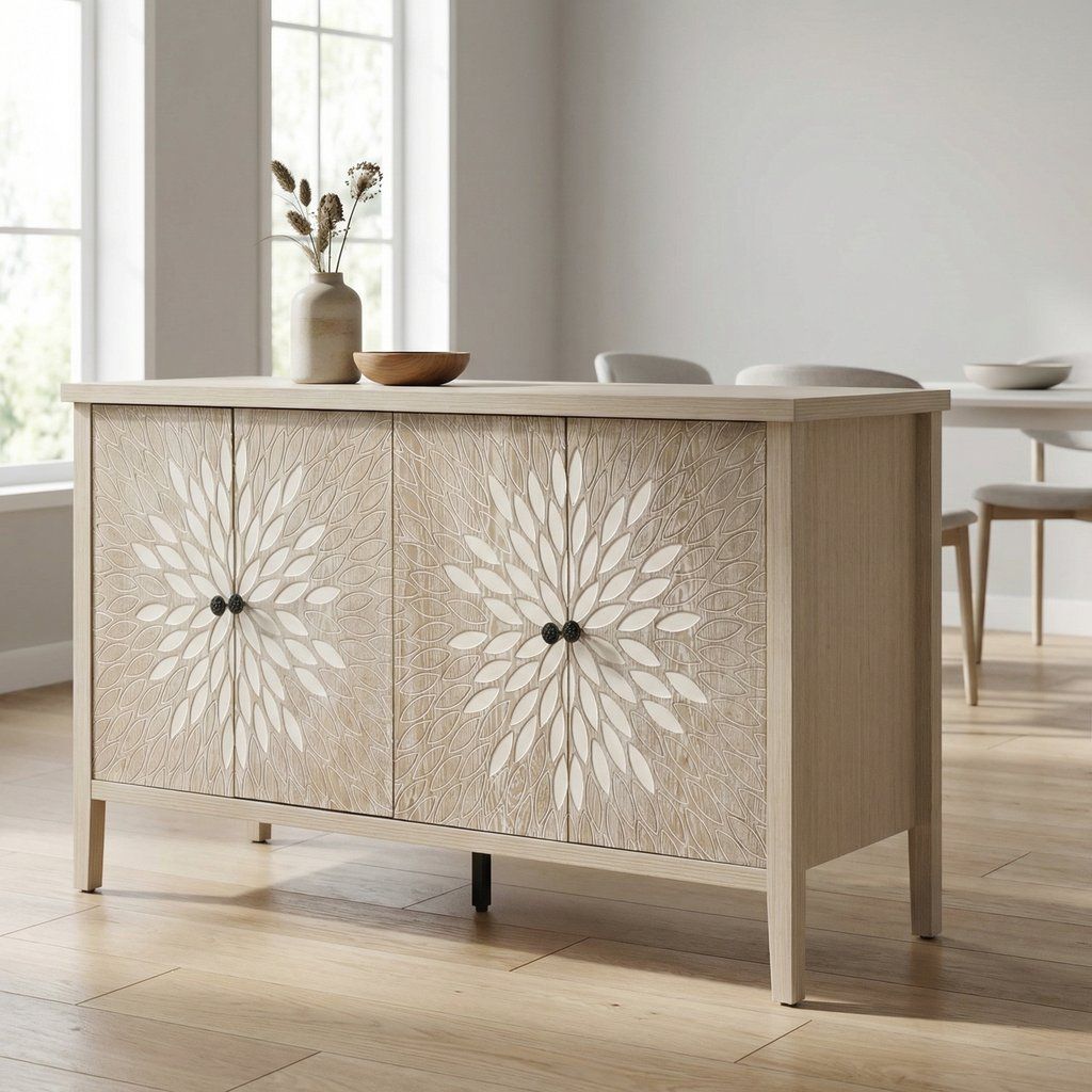 Sideboard Buffet Cabinet Carved 4 Door Storage 58in x 32in