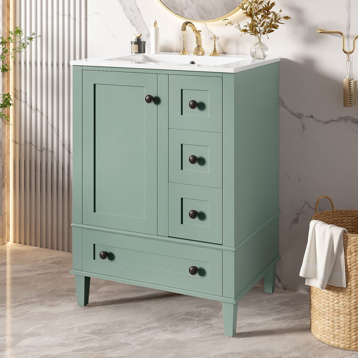 Bathroom Vanity With Integrated Basin, Soft Close Drawers, Door Mounted Double Layer Shelf