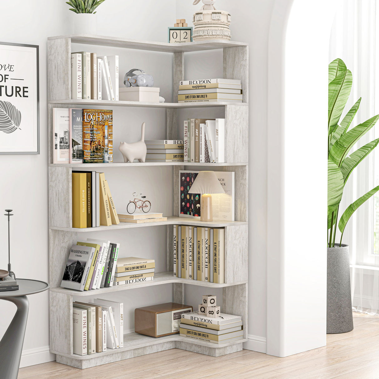 Extended Corner Bookshelf For Living Room - Light Gray