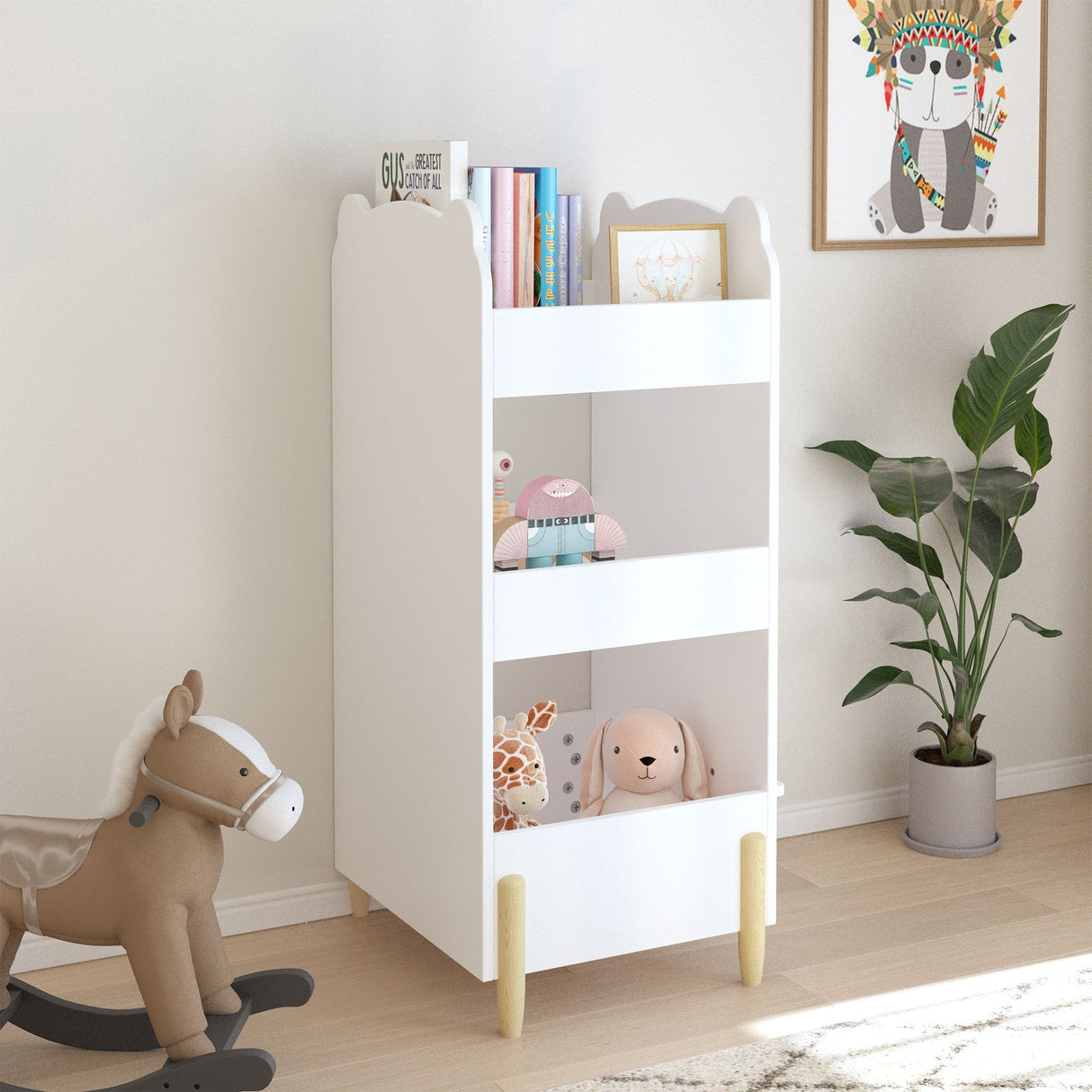 Bear Shaped Bookshelf With Chalkboard Side, 3 Tier Storage Organizer For Playroom - White