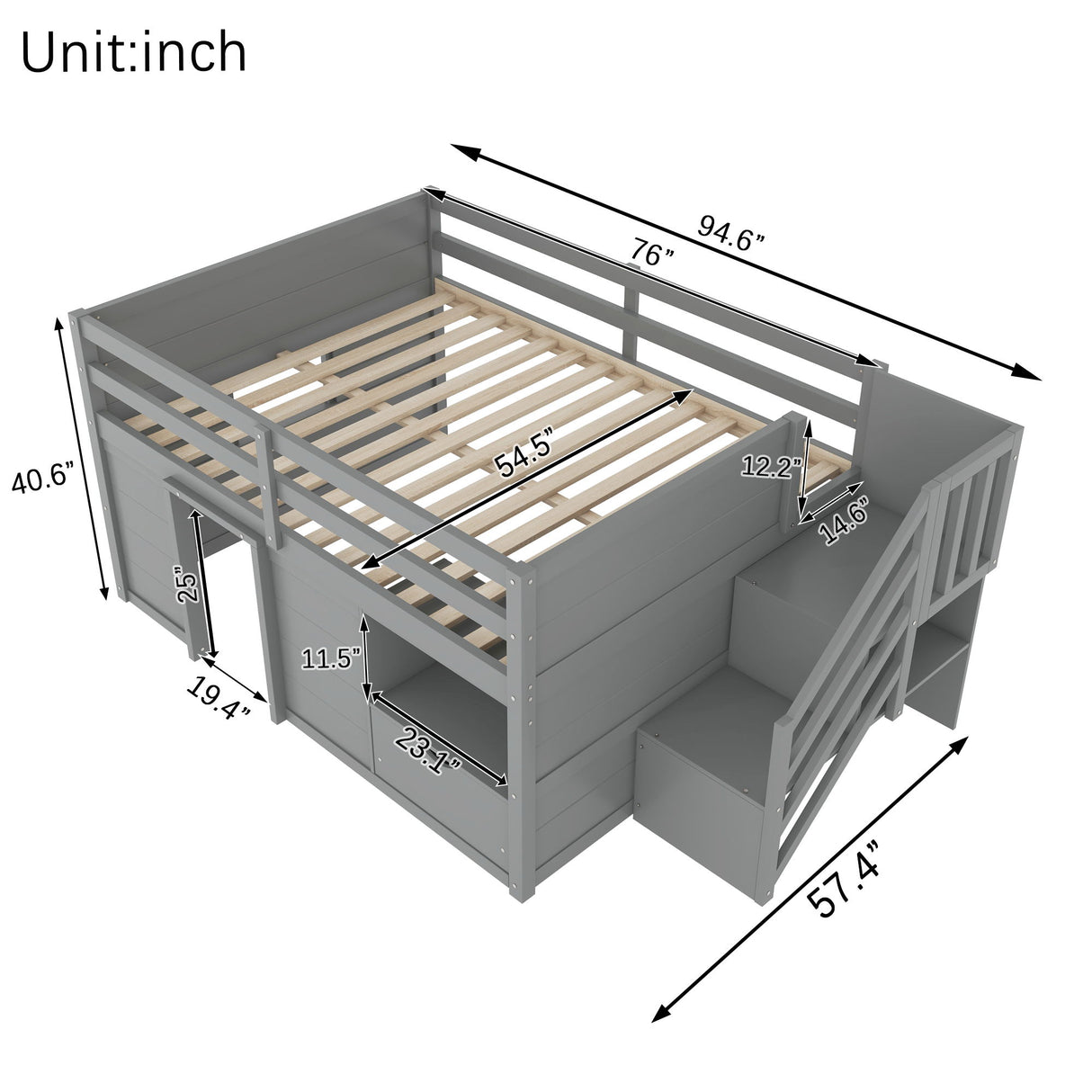 Low Loft Bed Frame With Built In Stairs, Storage Drawer, Shelf And 7 Color LED Light
