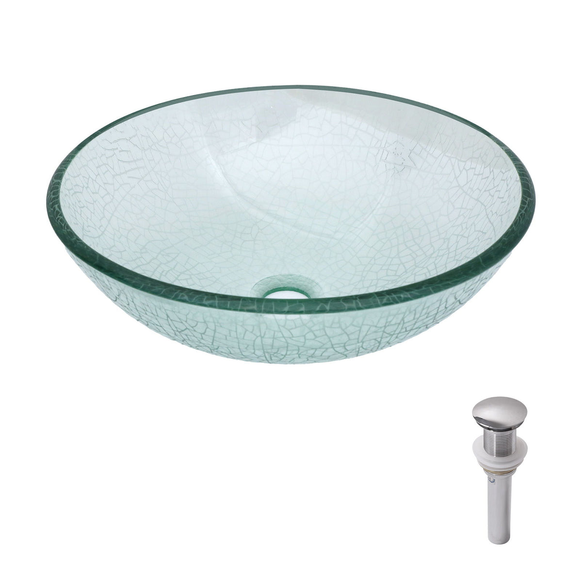Crackle Vessel Sink, Round Bowl With Pop Up Drain - Clear