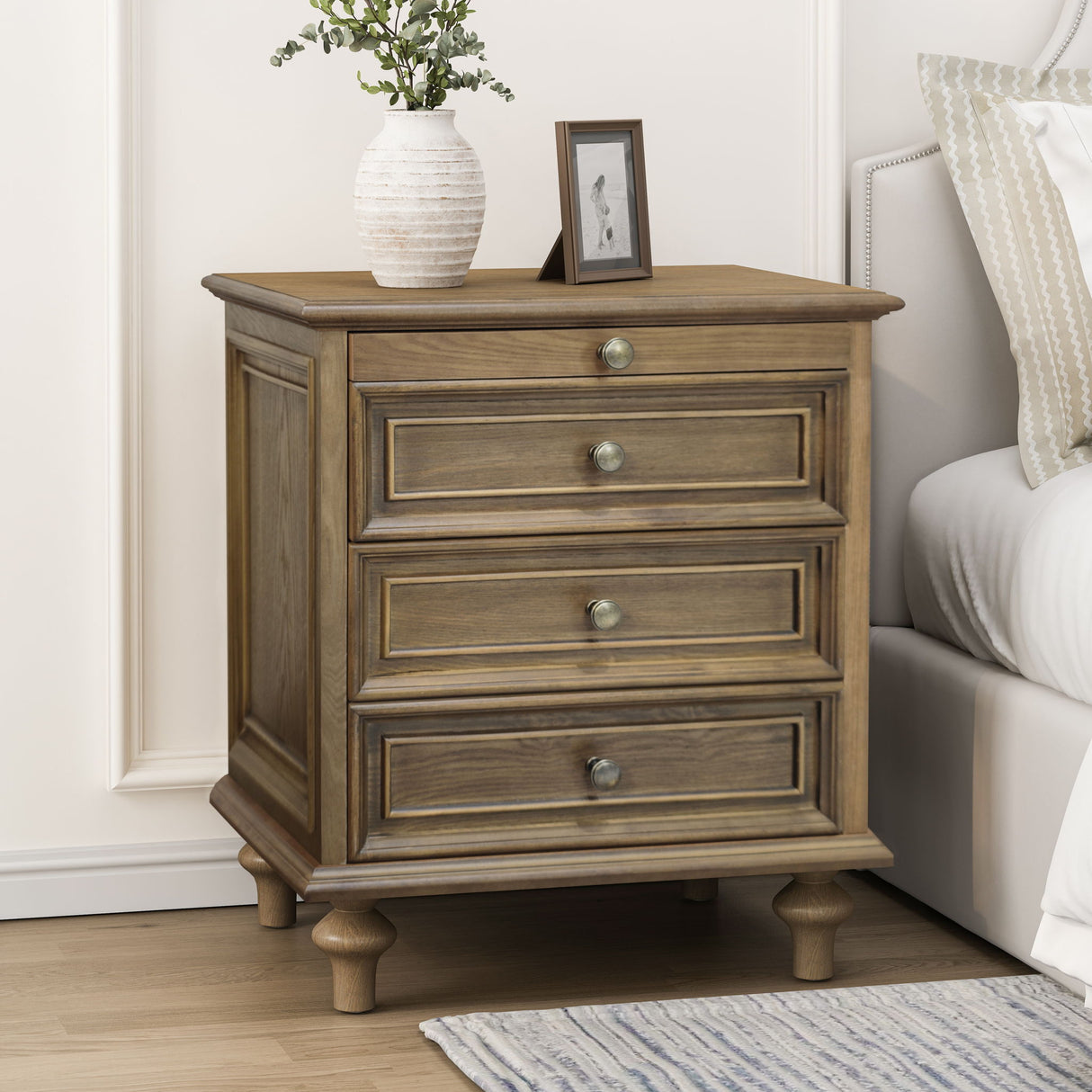 Nightstand With 4 Drawers With Hidden Pull Out Shelf - Light Brown