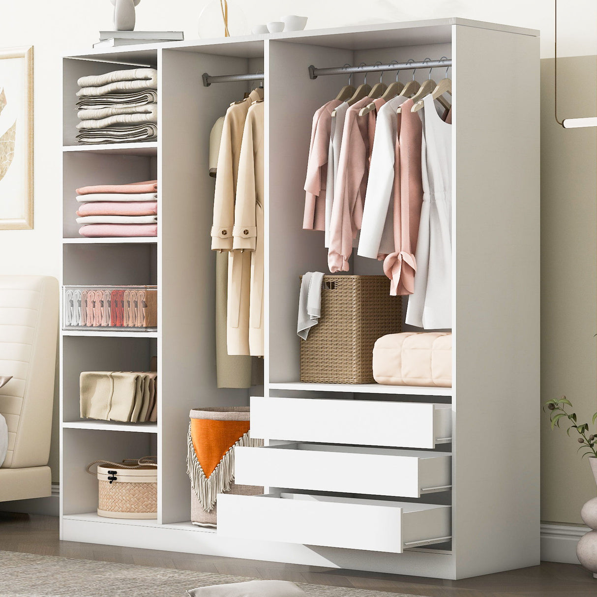 Doorless Storage Wardrobe For Dedroom With Shelves And 3 Drawers - White
