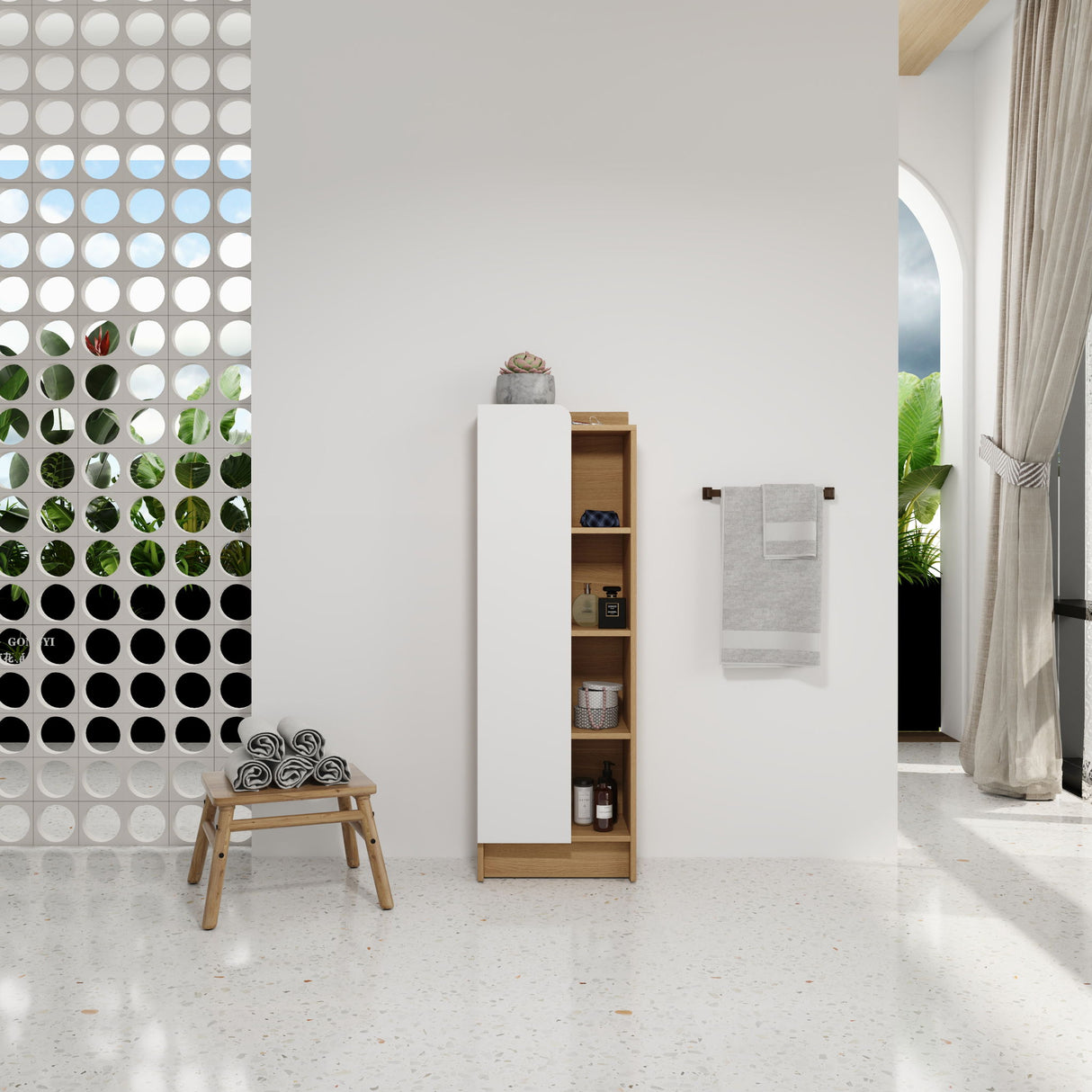 Tall Freestanding Bathroom Side Cabinet With Single Door & 4 Tier Open Shelves - Black / Light Oak / White