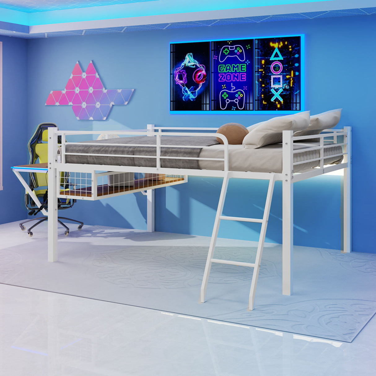 Loft Bed With Built In Desk, LED Light Strip