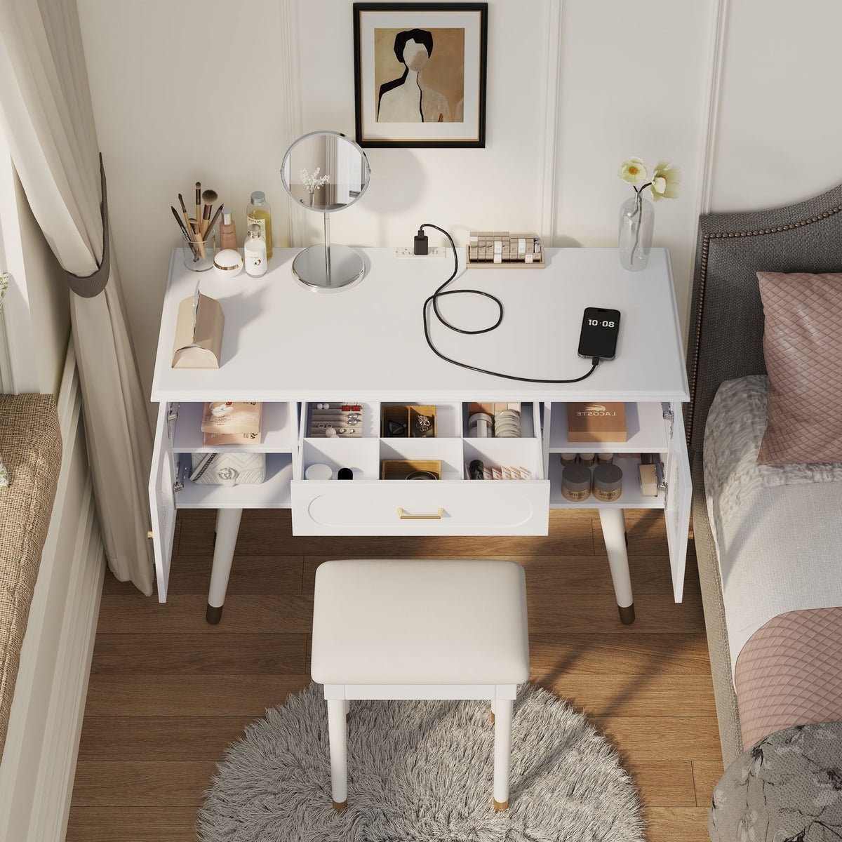Elegant Vanity Makeup Table & Chair Set Modern Dressing Table With Organizer Writing Desk Charging Port Engineered Wood - White