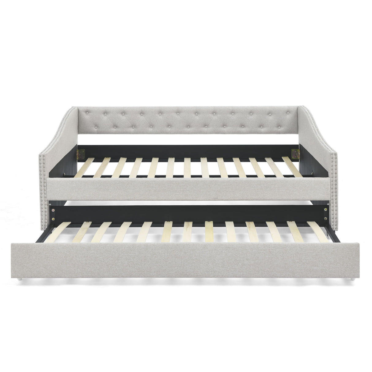 Upholstered Tufted Daybed With Drawers, Waved Arms