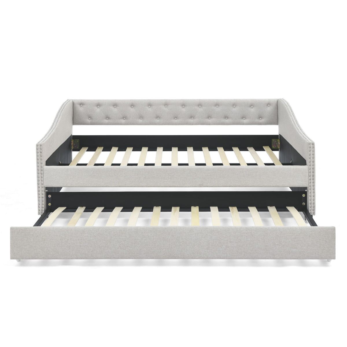 Upholstered Tufted Daybed With Drawers, Waved Arms