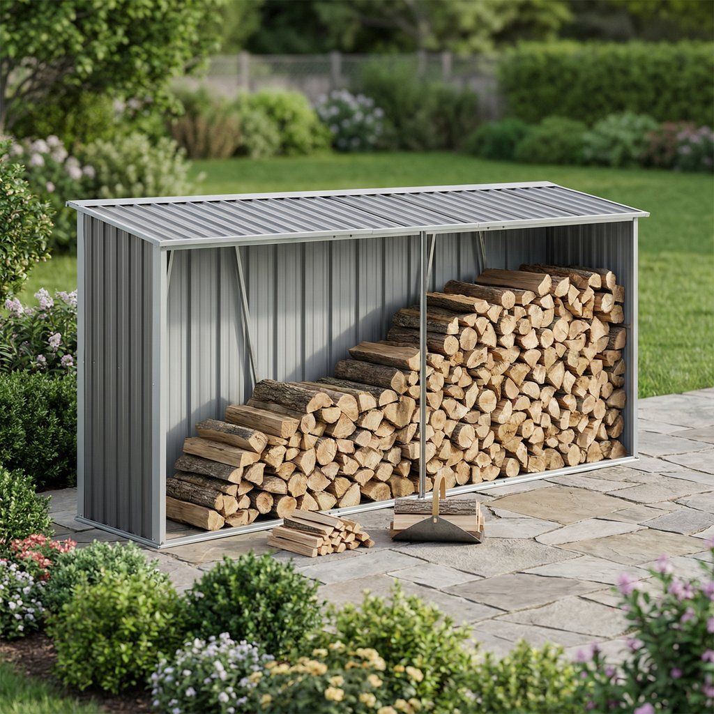 Firewood Rack Log Holder Sheltered Storage Galvanized Steel 130x62in Gray