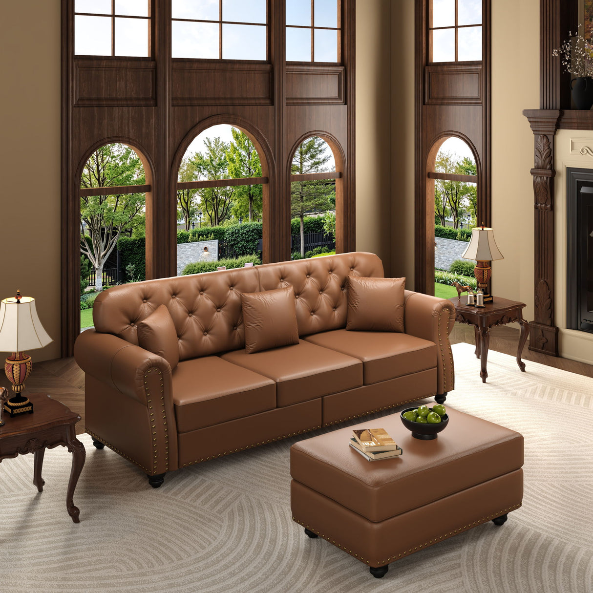 Upholstered Sofa With Nailhead Trim, Rolled Armrests With Ottoman