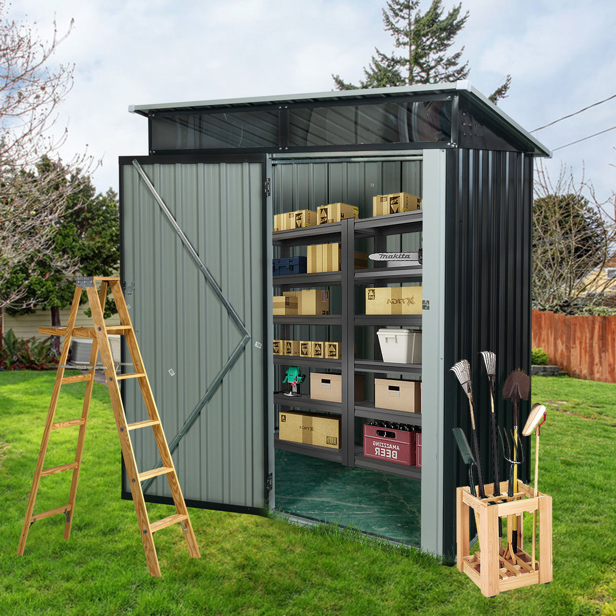 Outdoor Storage Shed Garden Building Transparent Plate Metal 59x71in