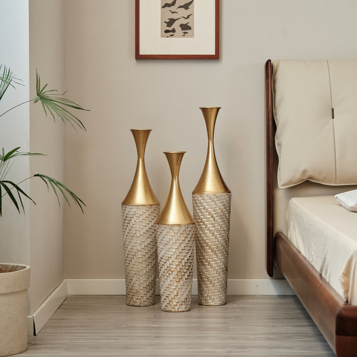 Floor Metal Vase Modern Style Decoration Home Woven Pattern Metal Vase 3 Piece Set Gorgeous Home Decoration Large Glazed Metal Vase - Champagne