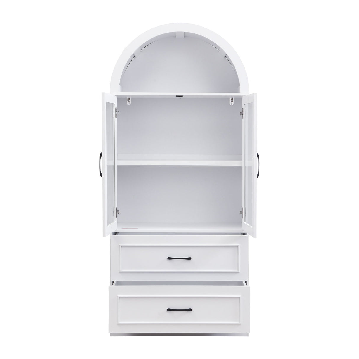 Arched Top Storage Cabinet With Fixed 2 Tier Shelves, 2 Large Drawers