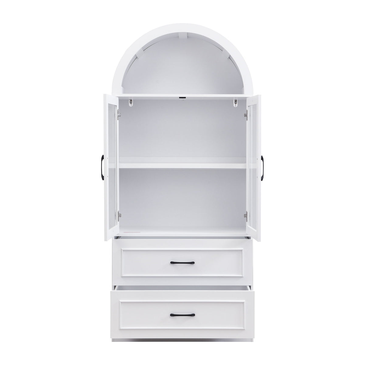 Arched Top Storage Cabinet With Fixed 2 Tier Shelves, 2 Large Drawers