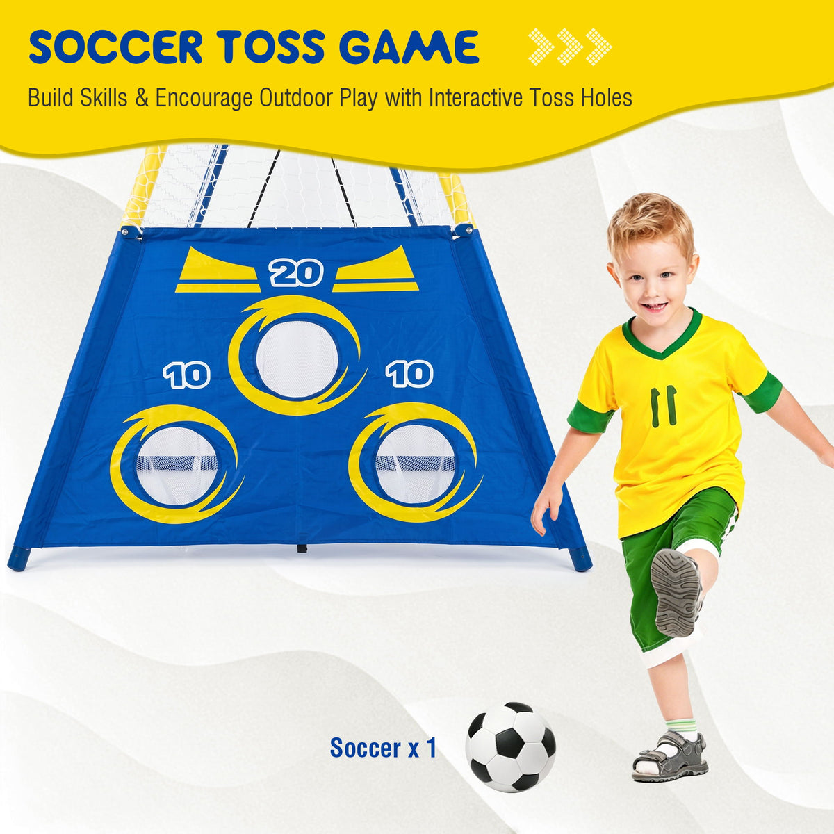 5 In 1 Kids Swing Set With Saucer Swing, Belt Swing, Basketball Hoop & Soccer Goal - Blue / Yellow