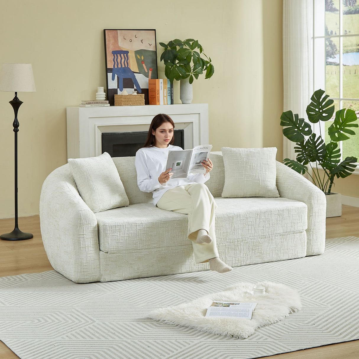 Curved Convertible Sofa, 2 In 1 Fold Out Bed With Pull Out Base And Deep Seat