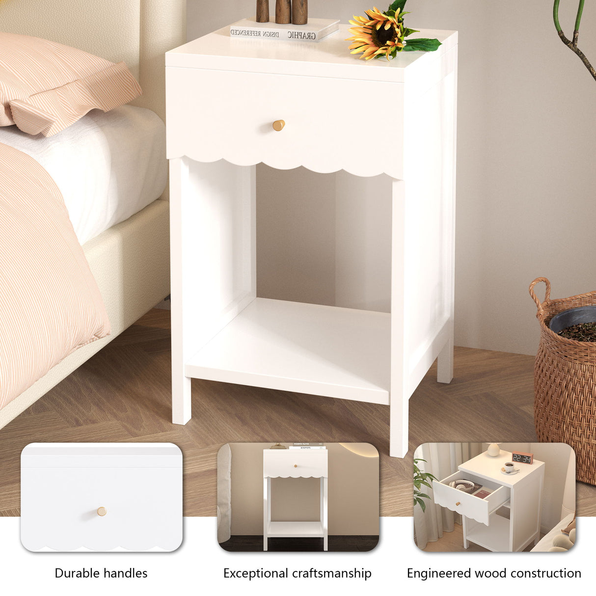 Nightstand With Drawer And Open Shelf, Scalloped Edge Bedside Table