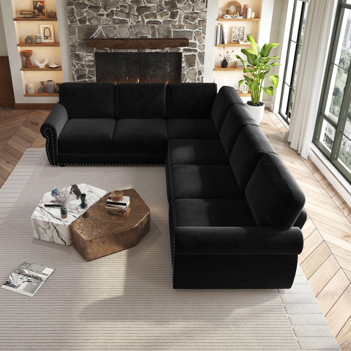 L-Shaped Sofa Couch With Pull Out Bed With Nailhead Trim & Rolled Arm