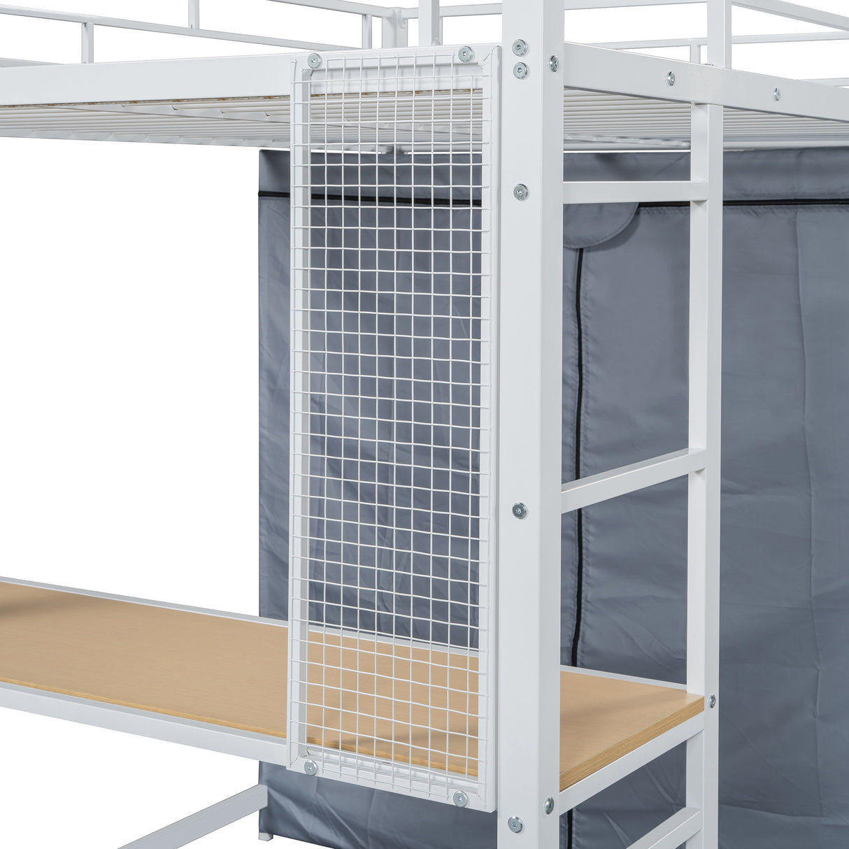 Full Size Loft Bed With Desk, Shelves, Power Outlet, LED Light And Wardrobe - White