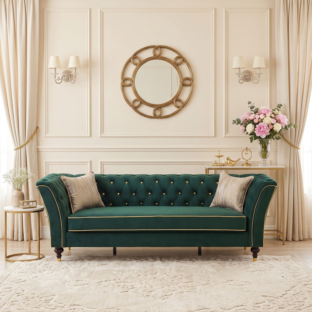 3 Person Sofa With Deep Seat, Tufted Backrest