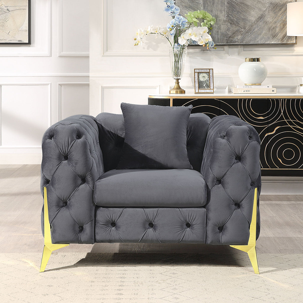 Accent Chair With Diamond Button Tufting, Matching Throw Pillow