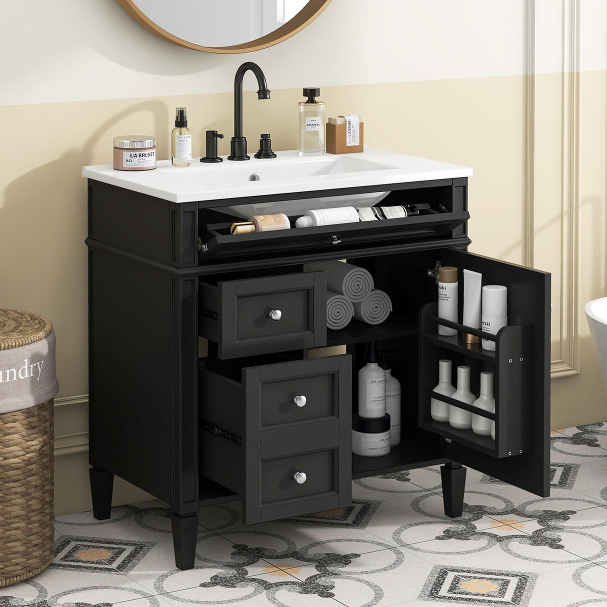 Bathroom Vanity With Top Sink, 3 Drawer Storage Cabinet, Rectangular Design - Black