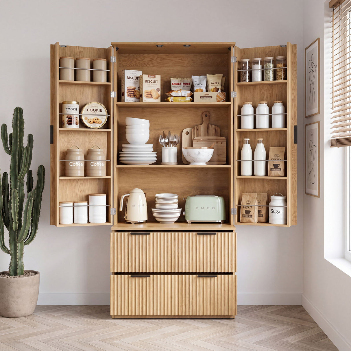 Fluted Kitchen Pantry Cabinet With 2 Large Drawers & 8 Door Spice Rack Freestanding Storage Organizer - Oak