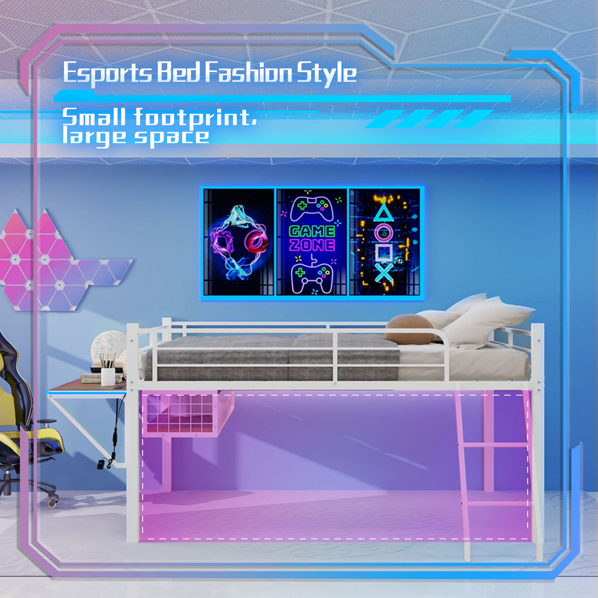 Loft Bed With Built In Desk, LED Light Strip